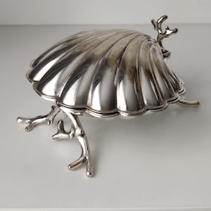 Antique Martin Hall & Co Silver Plated Shell Butter Dish, Victorian Coral Branch Base Caviar Dish, Caviar Servers, Clam Shaped Ring Tray