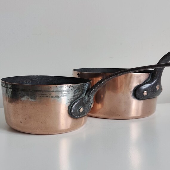 フランス銅製ソースパン5点フルセット パリ専門店購入ヴィンテージ品 ヴィンテージ フランス製銅製ソースパン 2個セット 鉄製ハンドル付き