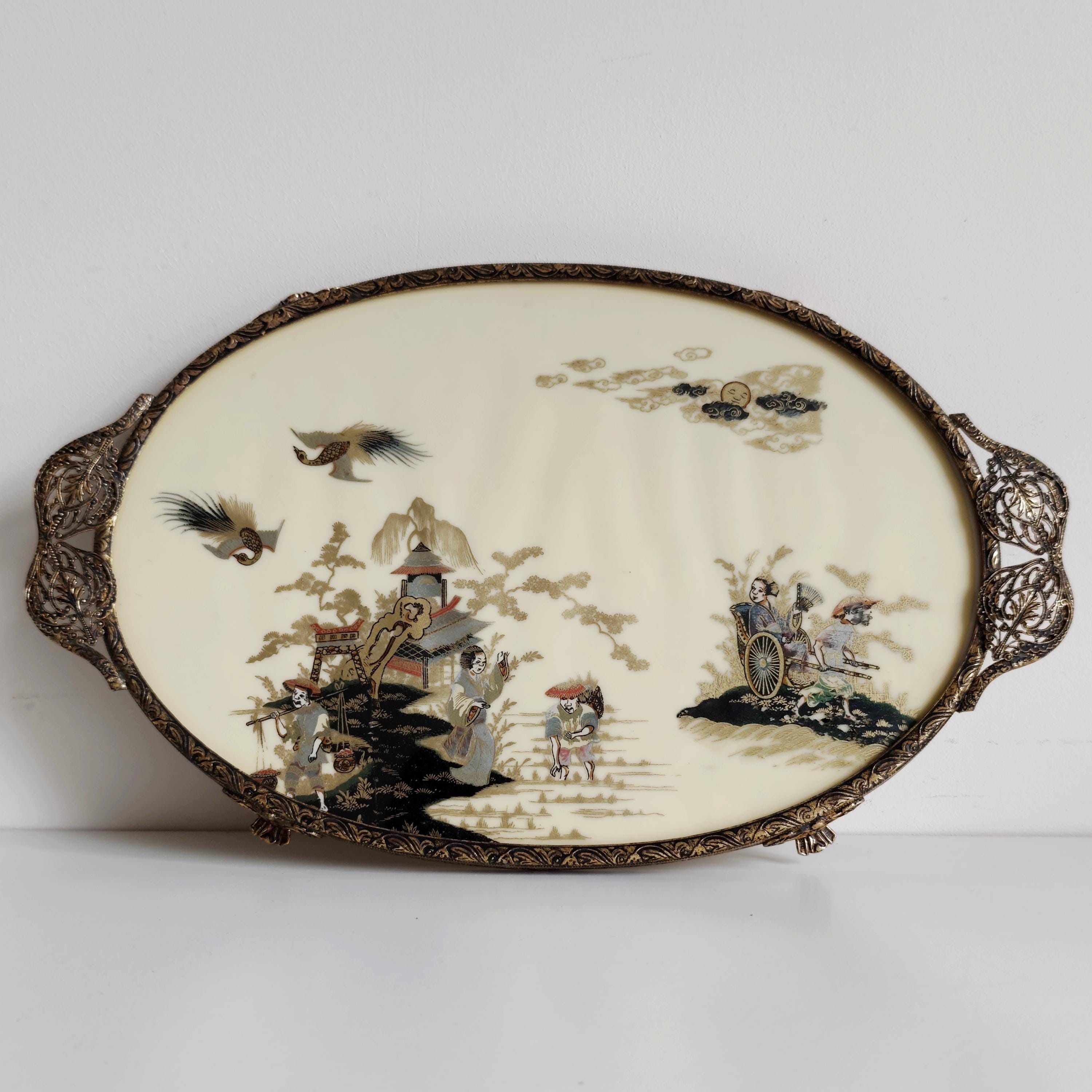 Vintage Oriental Oval Vanity Tray with Brass-Tone Filigree Handles Chinese Japanese Style Dressing Table Decor, Perfume or Jewellery Display