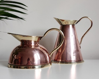 Vintage Pair of Cooper and Brass Pitchers Brassware Copperware Set of 2 Jug Kitchen Farmhouse Decor