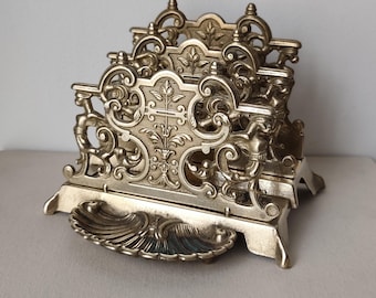 Vintage Brass Letter Rack with Shell Tray, Ornate Two Slot Envelope Holder, Desk Organizer, Napkin Holder