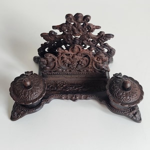 Vintage Metal Ornate Double Inkwell Letter Rack Deck Accessories Letter Holder Envelope Stand Desk Organizer Office Accessories Shelf Decor