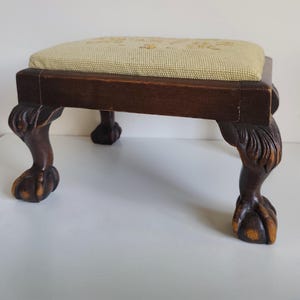 Antique Carved Wooden Footstool – Victorian Needlepoint Upholstered Small Stool Cabriole Legs Claw Feet Legs Home Decor Antique Furniture