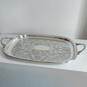 Vintage English Silver Plated Rectangular Tray with Handles and Chased Floral Design / Large Serving Tray. Made in Sheffield