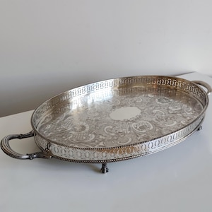 Vintage Large English Silver Plated Galleried Oval Tray with Claw Feet and Handles Tea / Drink Serving Tray for Table Setting