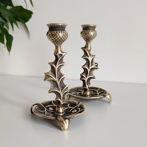 Antique Scottish Thistle Pair of Brass Candle Holders Brass Flower Candlesticks Set of Two Thistle Candleholders Shelf Table Decoration