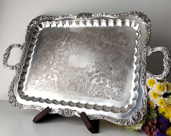Large and Heavy 2.8kg Vintage Silver-Plated Serving Platter Tray / Salver with Ornate Handles, Feet & Rim