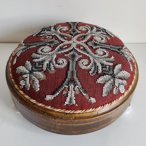 Antique Victorian Round Beaded Footstool Small Upholstered Wood Stool Cushioned Top with Floral Embroidery Antique Furniture Home Decor