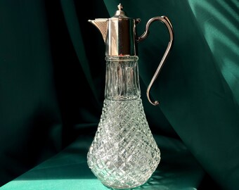 Cut Glass Claret Jug with E.P. Zinc Silver Plated Handle and Lid Crystal Wine Pitcher Cut Glass Decanter Vintage Jug Made in England