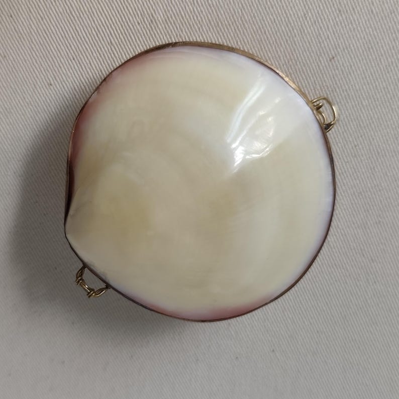 May include: A circular locket crafted from a polished, iridescent seashell with a smooth, cream-colored surface and a subtle pinkish-purple rim. The shell is encased in a thin gold-toned metal frame featuring two small, delicate wire loops.