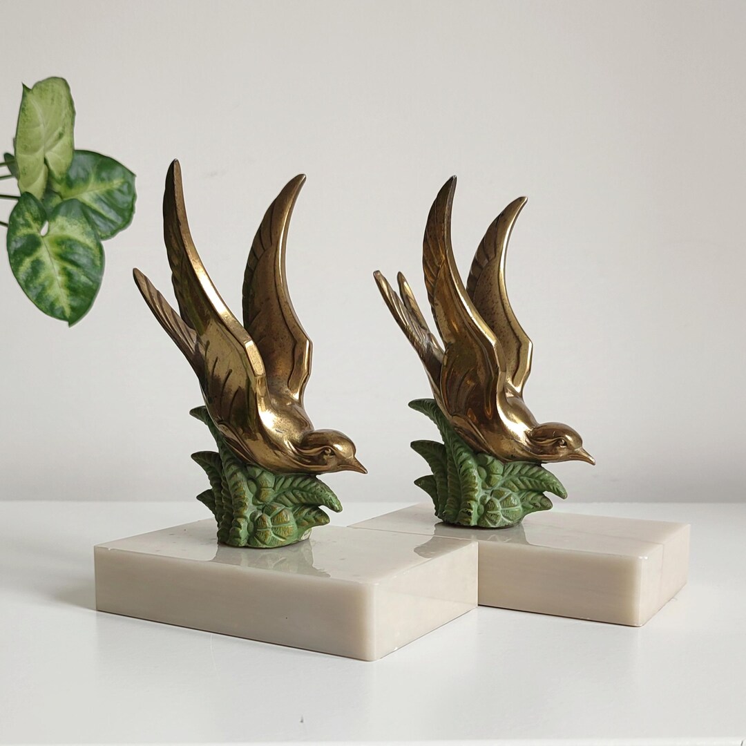 Superb Art Deco Brass Swallow on Marble Base Bookends Vintage Pair of ...