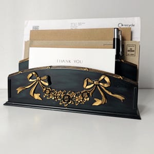 Vintage Letter Holder Organizer – Green Faux Wood Desk Mail Holder with Gold Floral Details – 2 Slot Document & Envelope Storage, Gift Idea