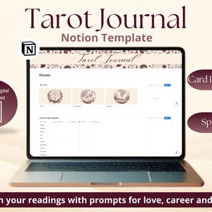 May include: A laptop displaying a Tarot Journal Notion Template. The screen shows a home page with card images and a card database. Text includes "Instant Digital Download" and "Deepen your readings with prompts for love, career and more.."