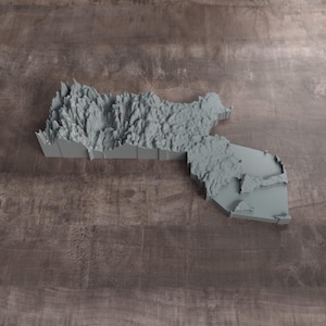 May include: A three-dimensional gray topographic map model featuring intricate relief details of a landmass. The structure displays varied elevations and terrain textures, with a flat base and vertical sides, rendered in a solid matte gray finish.