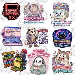 Witziges Sticker-Set „Neurospicy“ – Aufkleber mit Humor zu ADHS und psychischer Gesundheit, glänzende, wasserfeste Sticker, süße Katze und Opossum