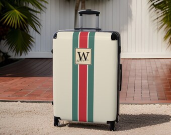 Personalized Designer Style Luggage - Luxury Suitcase, Custom Suit Case, Personalized Carry-On, Red Green Beige, Stripped, TSA Approved Lock