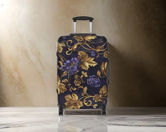 Valigia floreale di lusso blu dorato - Valigie da donna, bagaglio a mano con fiori dorati, bagaglio rigido con ruote, maniglia telescopica, approvazione TSA