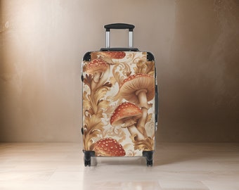 Golden Red Mushroom Luxury Style Suitcase - Golden Luggage Set, Mushroom Print, Cottagecore, Traveller Gift, Hardshell, TSA Approved Lock