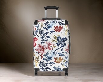 Tri-Color Floral White Luggage - White Floral Luggage Set, Suit Case, White Hardshell Carry-On, Flower, Travel Gift Her, TSA Approved Lock