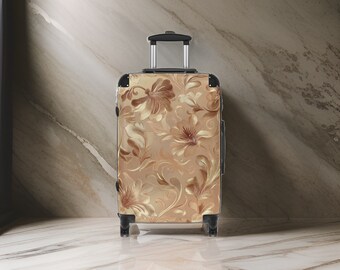 Rose Gold Luxury Designer Floral Suitcase - Gold Luggage Set, Rose Gold Suitcase, Floral Pattern, Luxurious Carry-On, TSA Approved Lock