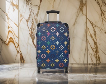 Blue Designer Monogram Luggage - Blue Luggage Set, Luxury Style Suitcase, Monogram Pattern, Hardshell Carry-On with Wheels, TSA Approved