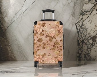 Rose Gold Suitcase - Rose Gold Luggage Set, Floral Rose Gold Hardshell Suitcase Wheels, Flower Carry-On, Pink Suitcase, TSA Approved Lock