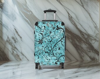 Turquoise blauwe bloemenbagage - bloemenkofferset, reisbagage voor haar, blauwe koffer, hardshell blauwe handbagage, TSA goedgekeurde sloten