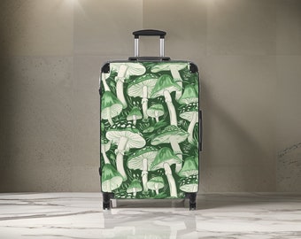 Green Two-Toned Mushroom Suitcase - Green Luggage Set, Mushroom Print, Hardshell Carry-On, Cute Luggage For Her, TSA Approved Luggage