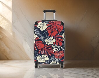 Hawaiian Tri-Color Floral Suitcase - Tropical Floral Luggage, Red White & Blue Colors, Hardshell Suitcase, Mens Luggage, TSA Approved Lock