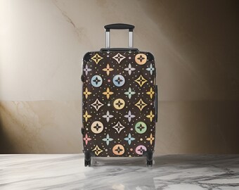 Luxury Brown Designer Monogram Suitcase - Designer Style Luggage, Luxury Carry-On With Wheels, Pastel Colors, Hardshell, TSA Approved Lock