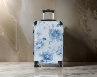 Light Blue Floral Minimalist Suitcase - Blue Luggage Set, Ladies Cute Suitcase, Blue Hardshell Carry-on With Wheels, Flowers, TSA Approved