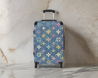 Baby Blue Ladies Luxury Designer Suitcase - Baby Blue Luggage, Monogram Pattern, Pastel Colors, Carry-On, Suitcase with Wheels, TSA Approved