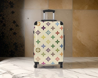 Beige Luxury Designer Monogram Suitcase - White Luggage Set, Designer Style Hardshell Luggage, Suit Case, Custom Luggage, TSA Approved Lock