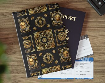 Zwart goud luxe stijl paspoort cover - Designer patroon paspoort portemonnee, paspoorthouder, cadeau voor reizende echtgenoot, gouden portemonnee