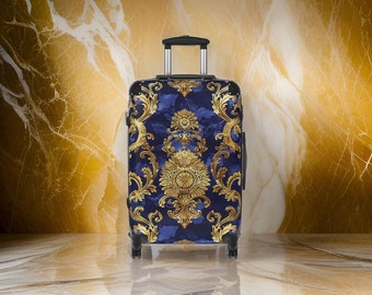 Designer Blue Gold Luxury Suitcase Set - Blue Luggage Set, Designer Style Hardshell Suitcase with Wheels, Traveller Gift, TSA Approved Lock