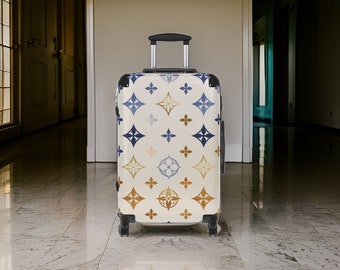 Beige Luxury Tri-Color Pattern Suitcase - Designer Style Luggage, Blue and Gold, Fancy Men's Suit Case, Hardshell Carry-On, TSA Approved