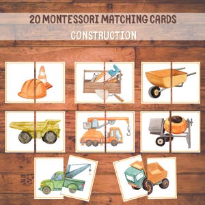 20 tarjetas de construcción imprimibles, Montessori, juego de memoria de camiones para niños, excavadoras, camiones de volteo, actividad para niños pequeños, PNG, PDF