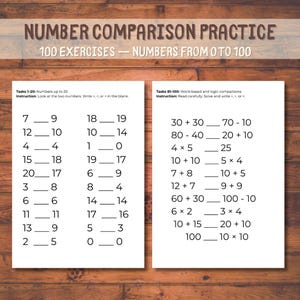 100 Problems, Second Grade Math Worksheets, Number Comparison Practice, Greater Than, Less Than, Equal To, Math Symbols Review