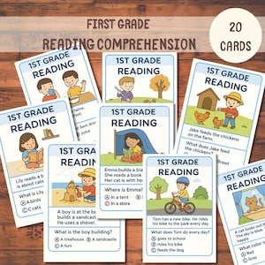 Arbeitsblätter zum Leseverständnis der ersten Klasse • 20 illustrierte Karten • Multiple-Choice-Fragen • Druckbare Alphabetisierungsaktivitäten PDF