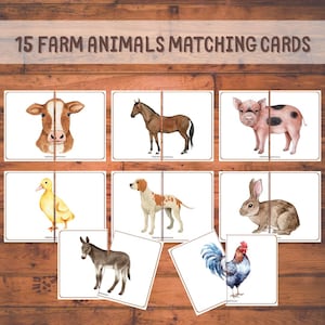 15 Cartas de emparejar animales de granja, Recurso Montessori, Juego educativo para niños, Actividad divertida para niños pequeños