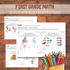 1st Grade Math Worksheet Printable - Word Problems, Addition, Subtraction, Homeschool, First Grade Math Workbook, 1st Grader Worksheet
