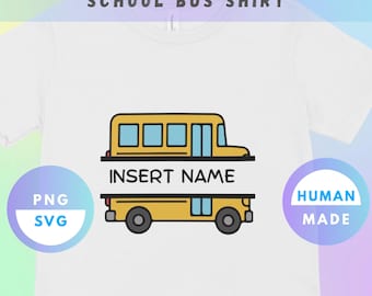 Design personalizado de camiseta com nome e ônibus escolar – Ônibus escolar para meninos em SVG e PNG (Download digital) – Design para o primeiro dia de aula para crianças