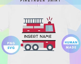 Design de camiseta personalizada com nome e caminhão de bombeiros – Arquivo SVG e PNG para download digital – Design de caminhão de bombeiros para crianças