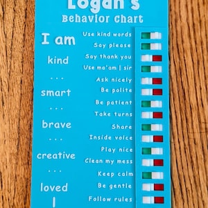 May include: A blue behavior chart for Logan, featuring the title "Logan's Behavior Chart" in white text. The chart lists positive behaviors like "kind," "smart," and "brave," with corresponding actions and progress indicators.