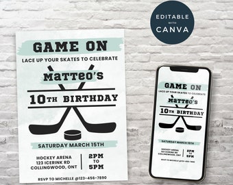 May include: A blue and white hockey-themed birthday invitation for Matteo's 10th birthday party. The invitation features a pair of crossed hockey sticks and a puck. The text reads "Game On" and "Lace Up Your Skates To Celebrate Matteo's 10th Birthday". The invitation includes the date, time, and location of the party. RSVP information is also included.