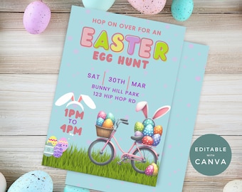 May include: A blue and pink Easter egg hunt invitation with a cartoon bunny riding a bicycle with a basket full of colorful eggs. The text reads "Hop on over for an Easter Egg Hunt" and includes the date, time, and location of the event. The invitation is editable with Canva.
