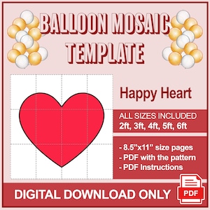 Mosaico de globos de corazón feliz, plantilla digital de mosaico en forma de corazón, plantilla de globo de corazón para fiesta, 2 pies 3 pies, 4 pies, 5 pies, 6 pies, descarga PDF