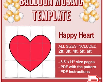 Happy Heart Balloon Mosaic, Heart Shaped Mosaic Digital Template, Heart Balloon Template For Party, 2ft 3ft, 4ft, 5ft, 6ft, PDF Download