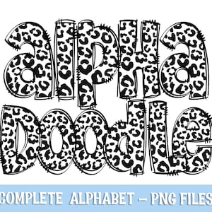 May include: Black and white alphabet letters with a leopard print design. The letters spell out "alpha doodle".