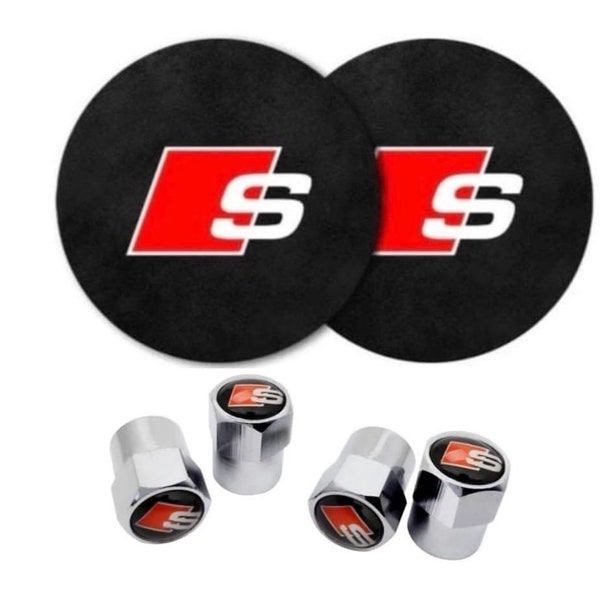 Brand New Audi S Line *2  Coaster Drink Holder Set + *4 Audi S Line Tyre Valves Set